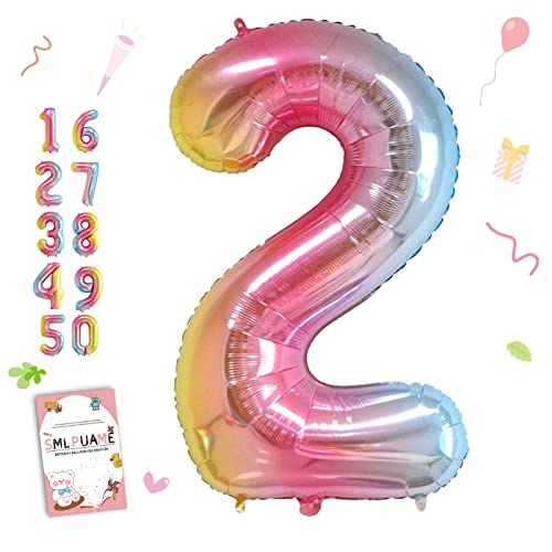 Smlpuame 102cm Folienballon Zahlen Luftballon 0-9 Geburtstag Regenbogen Farbverlauf, Große 2 Ballons für Geburtstagsfeier Feierdekorationen, Heliumfolien Zahlenballons für Hochzeitstag von Smlpuame