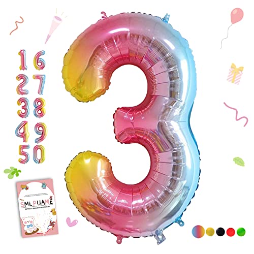 Smlpuame 102cm Folienballon Zahlen Luftballon 0-9 Geburtstag Regenbogen Farbverlauf, Große 3 Ballons für Geburtstagsfeier Feierdekorationen, Heliumfolien Zahlenballons für Hochzeitstag von Smlpuame