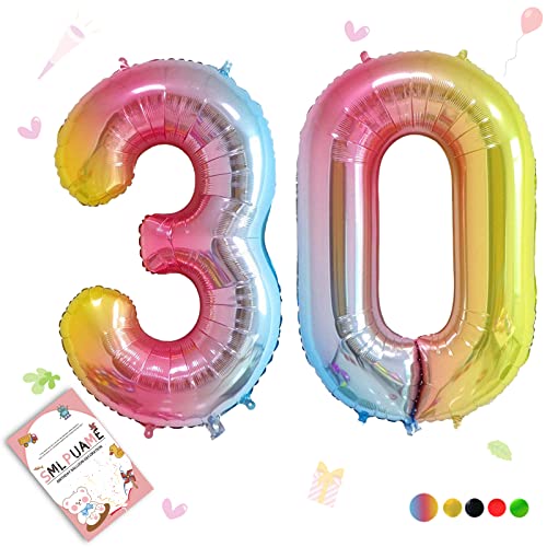 Smlpuame 102cm Folienballon Zahlen Luftballon 0-9 Geburtstag Regenbogen Farbverlauf, Große 30 Ballons für Geburtstagsfeier Feierdekorationen, Heliumfolien Zahlenballons für Hochzeitstag von Smlpuame