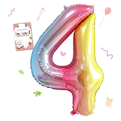Smlpuame 102cm Folienballon Zahlen Luftballon 0-9 Geburtstag Regenbogen Farbverlauf, Große 4 Ballons für Geburtstagsfeier Feierdekorationen, Heliumfolien Zahlenballons für Hochzeitstag von Smlpuame