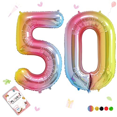 Smlpuame 102cm Folienballon Zahlen Luftballon 0-9 Geburtstag Regenbogen Farbverlauf, Große 50 Ballons für Geburtstagsfeier Feierdekorationen, Heliumfolien Zahlenballons für Hochzeitstag von Smlpuame