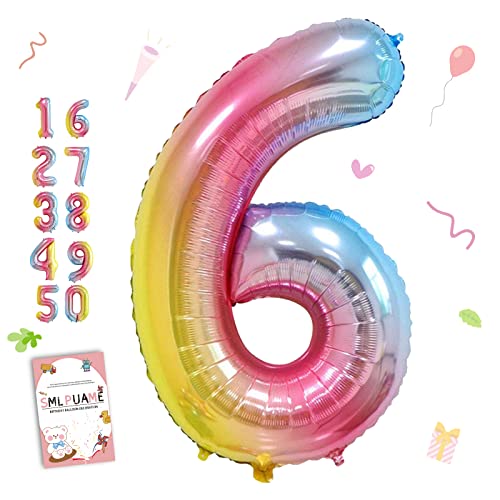 Smlpuame 102cm Folienballon Zahlen Luftballon 0-9 Geburtstag Regenbogen Farbverlauf, Große 6 Ballons für Geburtstagsfeier Feierdekorationen, Heliumfolien Zahlenballons für Hochzeitstag von Smlpuame
