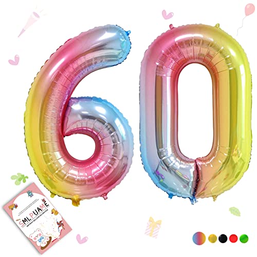 Smlpuame 102cm Folienballon Zahlen Luftballon 0-9 Geburtstag Regenbogen Farbverlauf, Große 60 Ballons für Geburtstagsfeier Feierdekorationen, Heliumfolien Zahlenballons für Hochzeitstag von Smlpuame