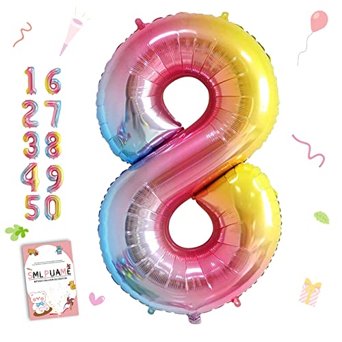 Smlpuame 102cm Folienballon Zahlen Luftballon 0-9 Geburtstag Regenbogen Farbverlauf, Große 8 Ballons für Geburtstagsfeier Feierdekorationen, Heliumfolien Zahlenballons für Hochzeitstag von Smlpuame