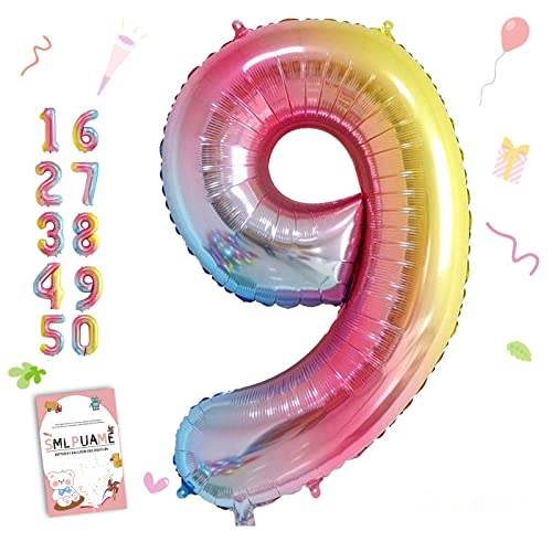 Smlpuame 102cm Folienballon Zahlen Luftballon 0-9 Geburtstag Regenbogen Farbverlauf, Große 9 Ballons für Geburtstagsfeier Feierdekorationen, Heliumfolien Zahlenballons für Hochzeitstag von Smlpuame
