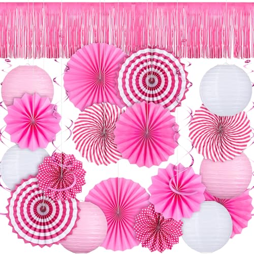 SmoothNovelty 25 Stück rosa Party Brustkrebs Bewusstsein Party Dekoration Rosa Band Papierlaternen Papierfächer Folie Metallic Fransen hängende Wirbel für öffentliche Wohltätigkeitsorganisationen von SmoothNovelty