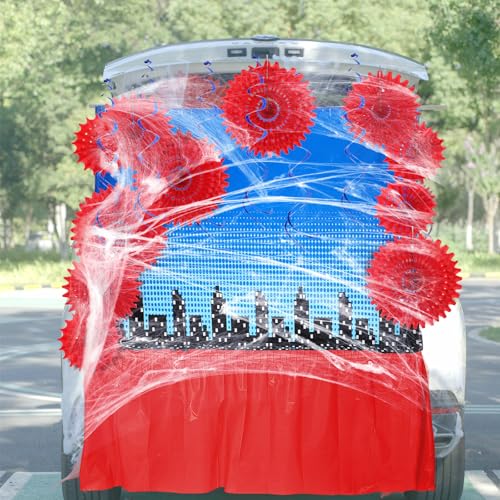 SmoothNovelty 32 Stück Halloween Spinne Thema Kofferraum oder Leckerli Auto Dekorationen Kit Rot Blau Torbogen Auto Dekor Stadt Hintergrund Papierfächer Tischrock Wirbel Spinnennetze für Halloween SmoothNovelty 32 Stück Halloween Spinne Thema Kofferraum oder Leckerli Auto Dekorationen Kit Rot Blau Torbogen Auto Dekor Stadt Hintergrund Papierfächer Tischrock Wirbel Spinnennetze für Halloween von SmoothNovelty