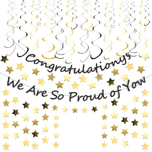 SmoothNovelty 38 Stück 2024 Abschluss-Party-Dekorationen, 2 Glitzer-Banner mit Aufschrift "Congratulations We are So Proud of You", 30 Decken-Wirbel-Folien-Dekoration, hängende von SmoothNovelty