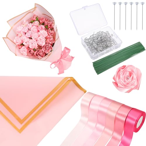 SmoothNovelty Band zum Selbermachen von Rosen, inklusive 6 Rollen 3,8 cm Satinband, insgesamt 137 m, 100 Diamantnadeln, 100 Blumendraht zum Basteln, Blumenstrauß (rosa Serie) von SmoothNovelty