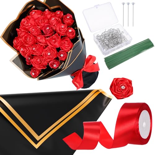 SmoothNovelty Band zum Selbermachen von Rosen, inklusive 6 Rollen 3,8 cm Satinband, insgesamt 137 m, 100 Diamantnadeln, 100 Blumendraht zum Basteln, Blumenstrauß (rot) von SmoothNovelty