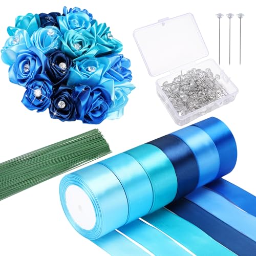 SmoothNovelty DIY Satinband-Blumenstrauß-Set, 6 Rollen 3,8 cm, 22,7 m, blaues Satinband, 100 Diamantnadeln, 100 Blumenstieldraht, ewige Rosen-Zubehör für Handwerk, Geschenkverpackung SmoothNovelty DIY Satinband-Blumenstrauß-Set, 6 Rollen 3,8 cm, 22,7 m, blaues Satinband, 100 Diamantnadeln, 100 Blumenstieldraht, ewige Rosen-Zubehör für Handwerk, Geschenkverpackung von SmoothNovelty