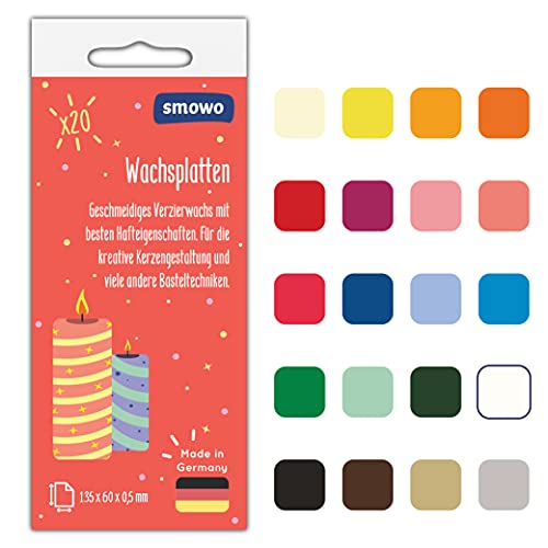 Smowo® 20 Wachsplatten zum Verzieren und Gestalten von Kerzen - Ideal für Kommunion, Taufe und Basteln - Kerzenwachs Platten Set für DIY Kerzenkunst von Smowo