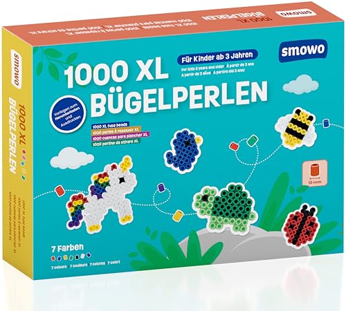 Smowo® Große 10mm Bügelperlen 1000 Stück für Kinder ab 3 Jahren - 7 bunte Farben XL Steckperlen - Kreatives Perlenset von Smowo