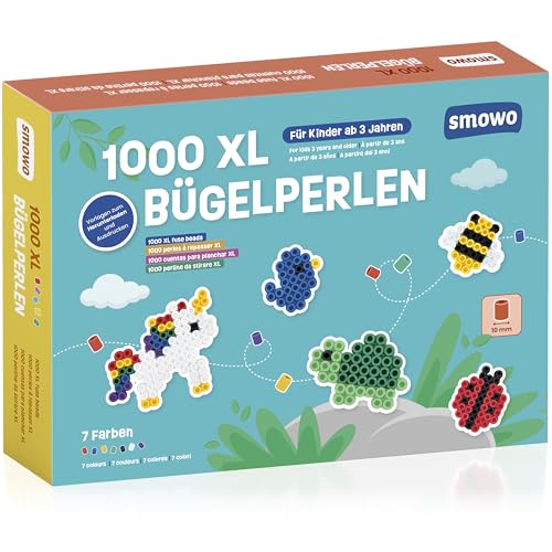 Smowo® Große 10mm Bügelperlen 1000 Stück für Kinder ab 3 Jahren - 7 bunte Farben XL Steckperlen - Kreatives Perlenset von Smowo