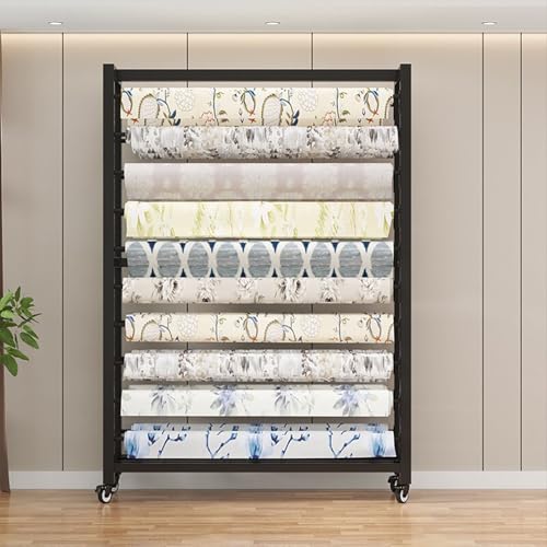 Gewerbliches Stoffrollen-Aufbewahrungsregal mit Verstellbarer Aufhängestange, beweglicher Hochleistungs-Organizerhalter aus Stahl mit Rädern für Vinylspulen/Lederr,18 rods-146cm(57.5in) von SnamicE