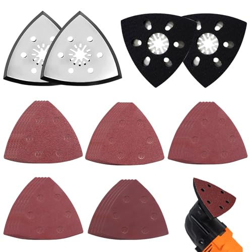 SneiDr 29 Stück Multitool Schleifaufsatz 4 Schleifplatte für Delta-Schleifer 90mm Universal mit 25 Schleifpapier Blatt 6-Loch Körnung P40 bis P400 Langlebig und Effizient für Schleifen Und Polieren von SneiDr