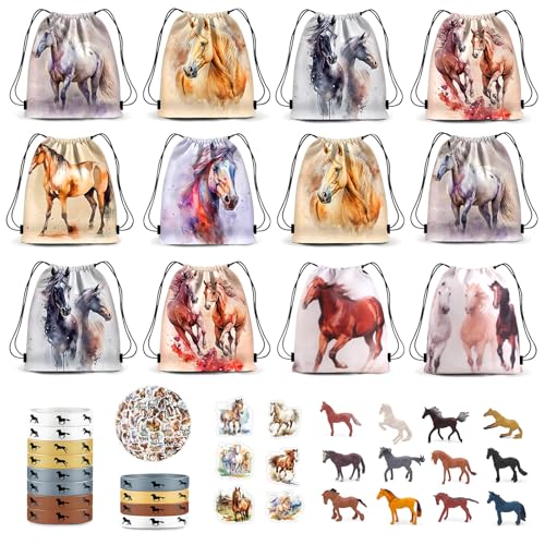 SneiDr 86 Pferde Party Mitgebsel Kindergeburtstag mit Sportbeutel Aufkleber Pferde Figuren Silikon Armbänder Western Cowboy Pferdespielzeug Geschenk für Kinder 3–10 Jahre Ostern Weihnachten Geburtstag von SneiDr