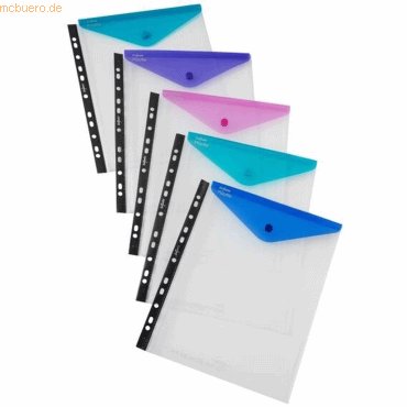 5 x Snopake Dokumentenhüllen A4 mit Abheftlochung und farbiger Klappe von Snopake