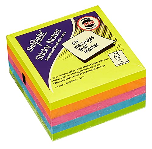 Snopake Sticky Notizblock, Post-It, 76 x 76 mm, Neon, unterschiedliche Farben (450 Blatt/Würfel) Artikelnummer 11702 76mm x 76mm Neon/Assorted Colours von Snopake