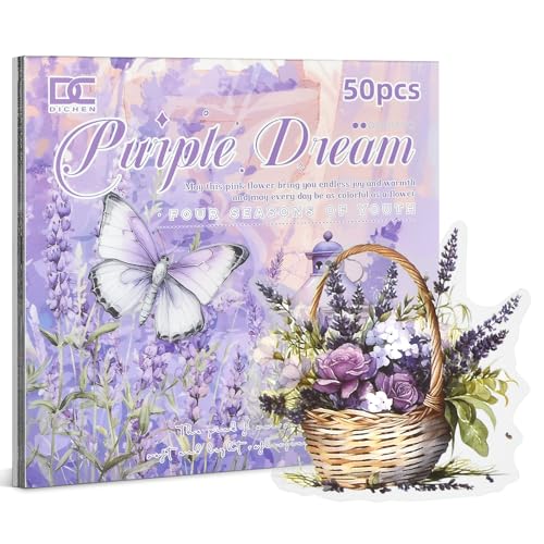 Snylcce Vintage Journaling Set - 50 Blätter Aufkleber für DIY Bastelprojekte - Lila Blumenmotive vorgeschnitten von Snylcce