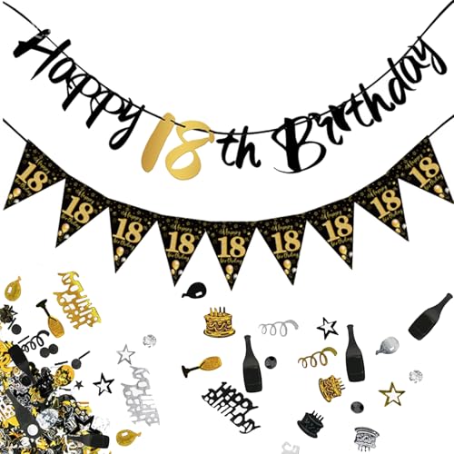 Deko 18. Geburtstag Junge, Elegante Schwarz Gold Geburtstagsdeko, 18 Geburtstag Deko,Party Dekoration Set Mit Banner Und Konfetti,Ideal Für Erwachsenwerden Feiern von Snyvpra