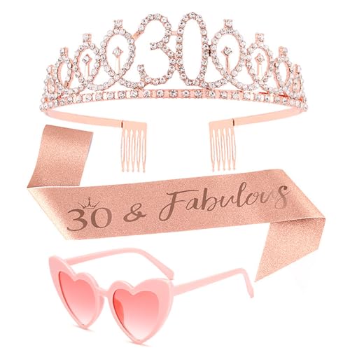 30. Geburtstag Frauen, 30 Geburtstag Frauen Deko, Rosegold 30geburtstags-Krone Schärpe Set, Contains A Pink Heart-Shaped Pair Of Glasses, Perfektes Geschenk für Friend, Colleague, Wife, Girlfriend von Snyvpra