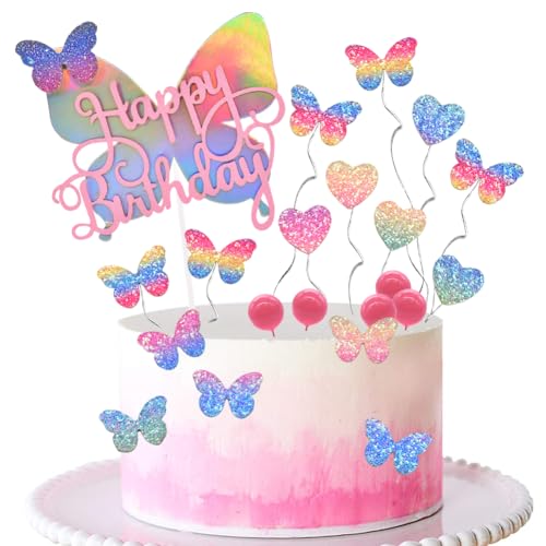 SoLLek 21 Stück Schmetterlinge Geburtstag Tortendeko，Cupcake Deko，Cake Topper，Happy Birthday Schmetterling Kuchen dekoration，Party Dekorationen Jahrestag von SoLLek