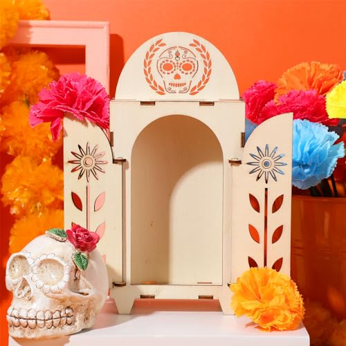 Soaoo Dia De Los Muertos Ofrenda Schattenbox aus Holz, Tag der Toten, Schattenbox, Totenkopf, Papel, Picado, Tag der Toten, Dekoration, Altar-Ofrenda-Zubehör, Erinnerungs-Bilderrahmen (1 Stück) von Soaoo
