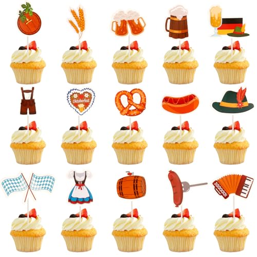 30 Stück Oktoberfest Cupcake Topper – Bayerische Deko für Bierfest & Partys Cupcake-Deko mit Bierkrügen, Brezeln & Dirndl Motiven Sofort Einsatzbereit von Sociaooil