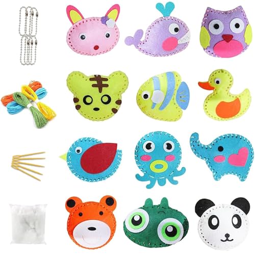 SoeUyd 12 Stück DIY Nähset Kinder Nähspass für Kinder Nähset Tierformen Filz Bastelset Nähen Kind Filztiere Nähen Set mit Schere Bunt Plastiknadeln Stickgarn Füllwatte für Kind ab 6 Jahre von SoeUyd