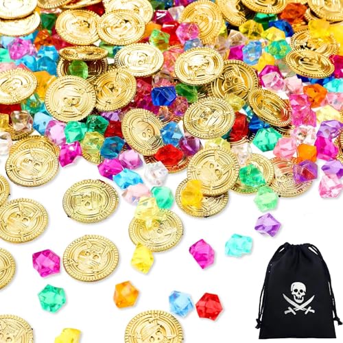 SoeUyd 50 Stück Piraten Goldmünzen und 50 Piraten Groß Juwelen, Plus 1 Skelett Doppelschwert Gurttasche, Schatzkiste für Kindergeburtstag von SoeUyd