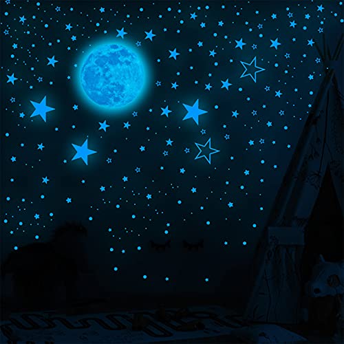 Leuchtende Wandaufkleber Glühen im Dunkeln Sticker 1049Pcs Mond Sterne Punkte Wand Deckenabziehbilder Blau Fluoreszierende Selbstklebende leuchtende Sterne für Kinderzimmer Kinder Schlafzimmer von Soekodu