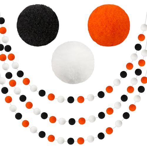 Bommel-Girlande, bunte Filzkugel-Girlande, Dekoration, 1,8 m lang, mit 30 Bällen, Banner zum Aufhängen für Halloween, Partys (Orange, Schwarz und Weiß), 3 Stück von Soelomu