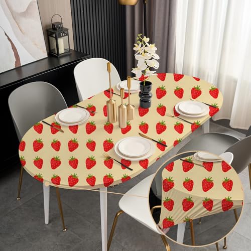 Ovale Sommer-Tischdecke mit Gummizug für 107,7 x 152,4 cm Esstisch, dehnbar, waschbar, rutschfest, knitterfrei, schöne Erdbeere von Sofits
