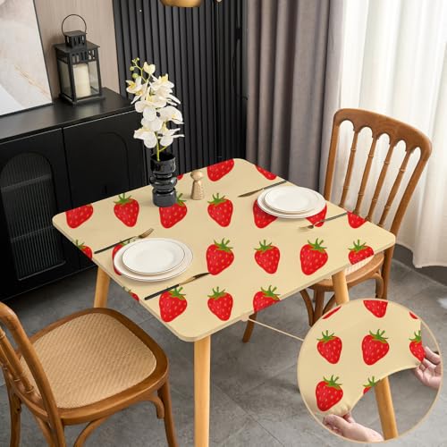 Quadratische Tischdecke für den Sommer, Outdoor, 122 x 122 cm, dehnbar, waschbar, rutschfest, für Terrasse, Couchtisch, knitterfrei, schöne Erdbeere von Sofits