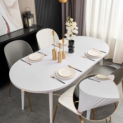 Weiße Tischdecke oval mit Gummizug 122 x 183 cm, Stretch-Stoff für den Außenbereich, einfarbig, für Esszimmer, Party, Bügelfrei, rutschfest Weiße Tischdecke oval mit Gummizug 122 x 183 cm, Stretch-Stoff für den Außenbereich, einfarbig, für Esszimmer, Party, Bügelfrei, rutschfest von Sofits