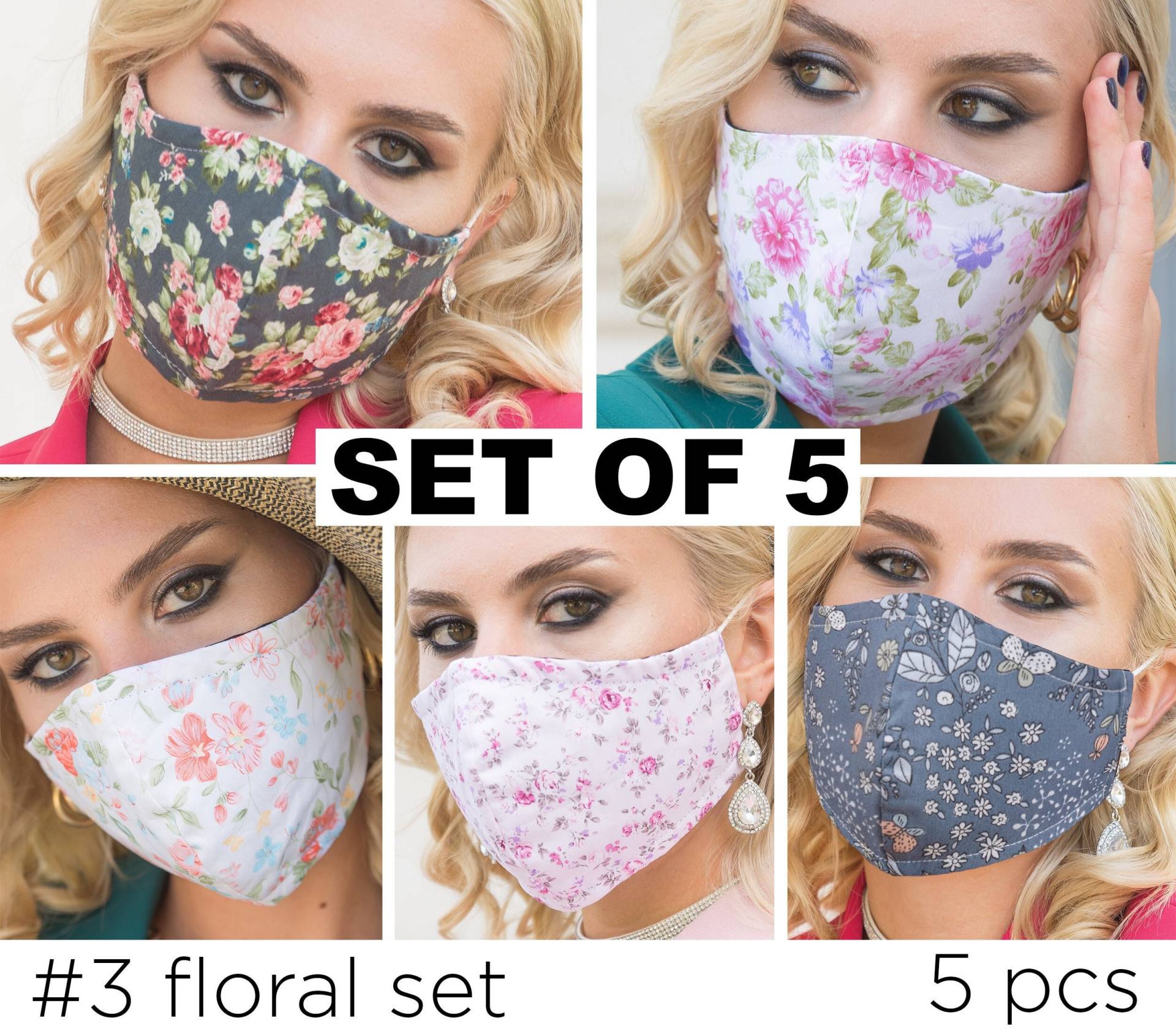 5 Florale Gesichtsmasken Set Usa, Baumwolle Gesichtsmaske Für Frauen Atmungsaktiv, Rosa Waschbare Maske Bedeckend Mit Filtertasche, Wiederverwendbar von SoftFeelingsArt