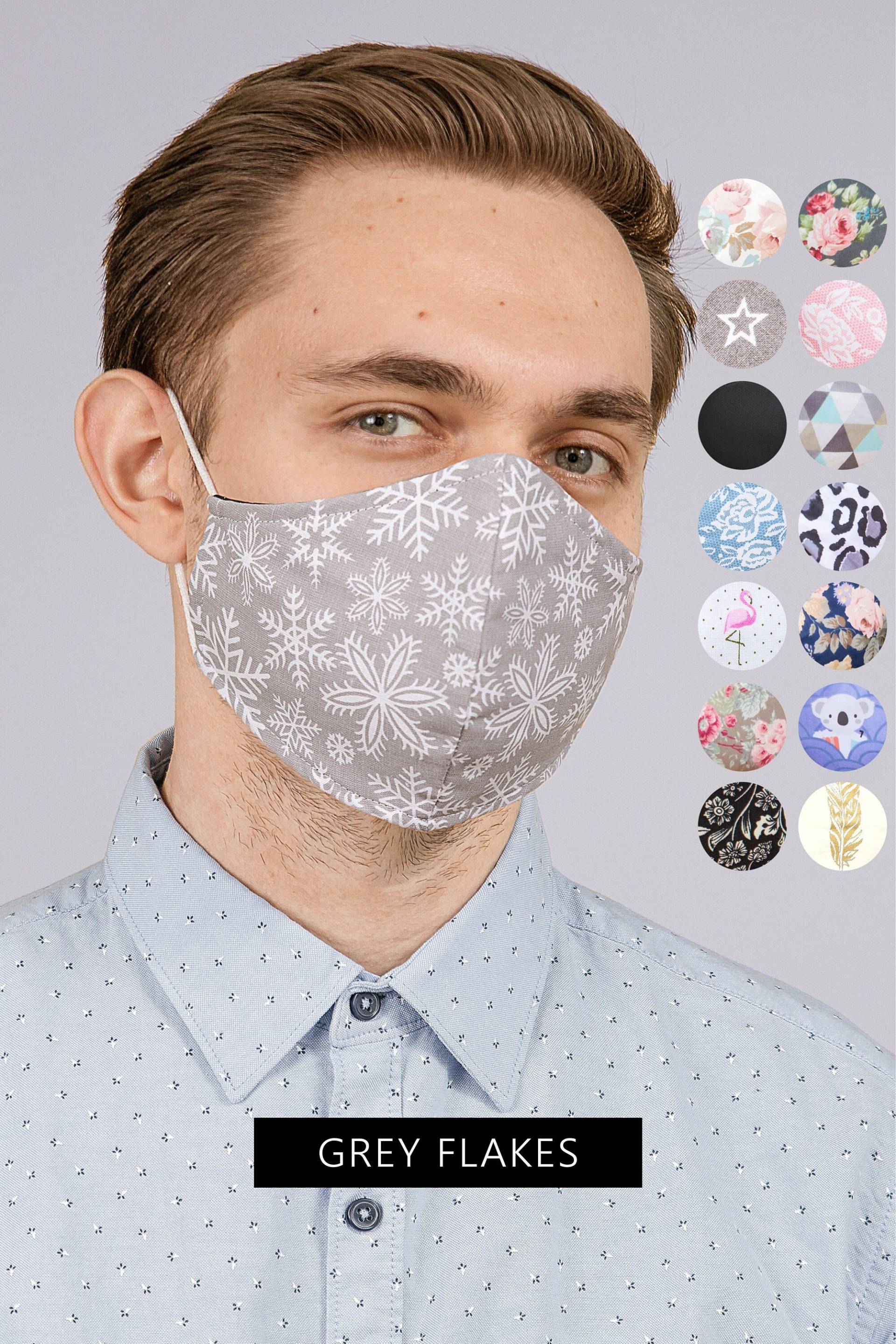 Schneeflocke Gesichtsmaske Weihnachten Masken Für Männer Weihnachtsmaske Grau, Schnee Xmas, Weihnachts Gesichtsmaske Mit Filtertasche Waschbar von SoftFeelingsArt
