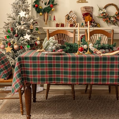 Softalker Karierte Weihnachtstischdecke, rechteckig, grünes Büffelkaro, Leinen, Baumwolle, Gingham, Weihnachts-Tischdecken, Winter-Tischdekorationen für Essen/Partys/Urlaub, 137 x 308 cm von Softalker