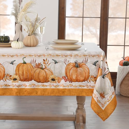 Softalker Orange große Tischdecke Herbst 300x150 cm mit Kürbissen,Jacquard-Tischtuch abwaschbar und wasserabweisend,Elegantes Design für Herbstparty & Familienfeier,Thanksgiving,Tischdeko Herbst von Softalker