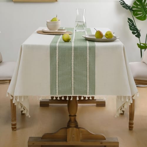 Softalker Outdoor-Tischdecke, rechteckig, wasserdicht, Leinen-Baumwolle, Bauernhaus-Tischdecken mit Quaste, schwerer, knitterfreier Stoff, Tischdecke für Essen/Party/rustikal, 140 x 308 cm von Softalker