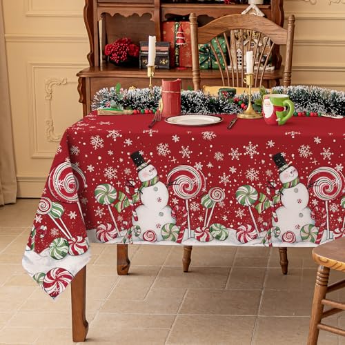 Softalker Rechteckige Weihnachtstischdecke – Winterrote Schneemann-Tischdecke mit Schneeflocken- und Süßigkeiten-Druck, schmutzabweisend, waschbar, Weihnachtstischdecke für Urlaub/Essen von Softalker