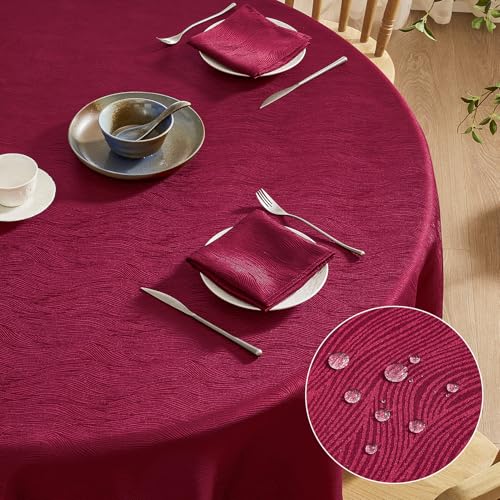 Softalker Tischdecke Weihnachten Rund 160 Weinrot abwaschbar Jacquard-Wellenmuster Wasserabweisend Abwischbar Fleckschutz Tischtuch Tablecloth für Outdoor Draußen Party Geburtstag Silvester Hochzeit von Softalker