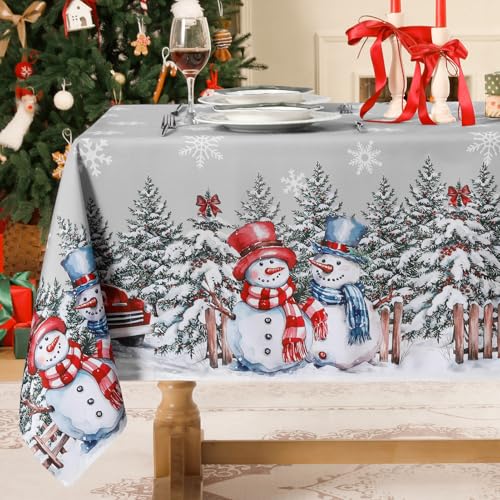 Softalker Tischdecke Weihnachten grau abwaschbar 140x240 cm,groß Weihnachts Tischdecken modern， Mit weiß Schneeflocke Schneemann, und Weihnachtsbaumdekoration für Party,Holiday,Kindergeburtstag von Softalker