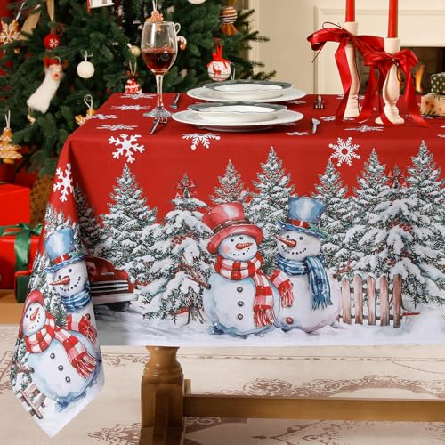 Softalker Tischdecke Weihnachten rot 140x240 cm,Weihnachts Tischdecken modern groß abwaschbar，Mit weiß Schneemann, Schneeflocke und Weihnachtsbaumdekoration für Kindergeburtstag,Party,Holiday von Softalker