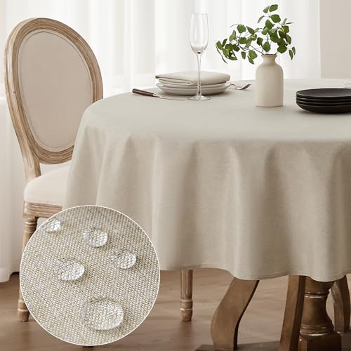 Softalker tischdecke rund 140 cm Durchmesser tischdecken abwaschbar leinenoptik beige tischtuch Wasserabweisende tischwäsche klein gartentischdecke Table Cloth für Camping, Hochzeiten, Geburtstag von Softalker