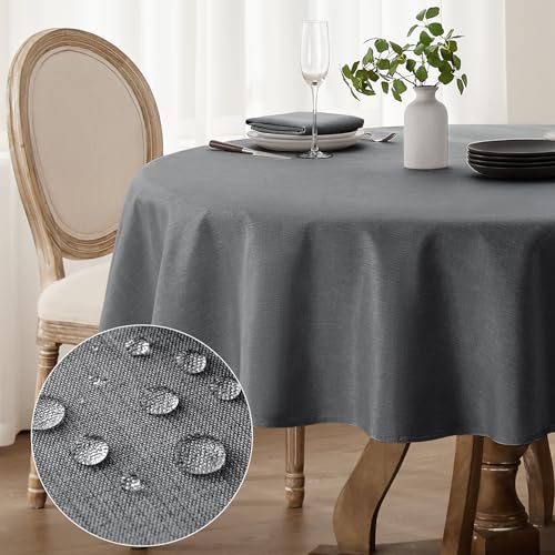 Softalker tischdecke rund 180 cm abwaschbar Outdoor tischdecken grau tischtuch Wasserabweisende tischwäsche leinenoptik gartentischdecke Table Cloth für Camping, Hochzeiten, Geburtstag von Softalker