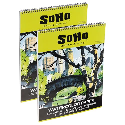 SoHo Urban Artist Aquarell-Spiralblock, 28 x 35 cm, 2 Stück, 24 Blatt insgesamt, 63,5 kg, kaltgepresst, säurefrei, ECF von Soho Urban Artist