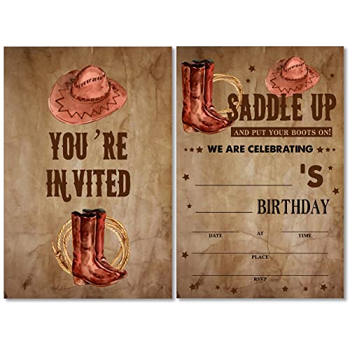Retro Counrty Western Geburtstagsparty-Einladungen mit Umschlägen, 20 Stück, Wilder West Cowboy, Geburtstagsparty-Einladungen für Männer von Soiceu
