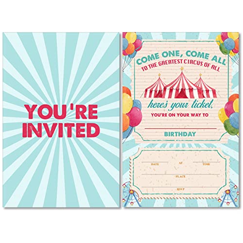 Soiceu Bunte Einladungen für Karneval, Geburtstagsparty, mit Umschlägen, 20 Stück, Zirkus-Geburtstagsparty-Einladungen für Mädchen und Jungen von Soiceu